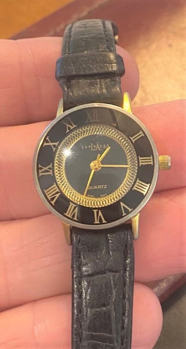 Women's LA Express Watch, Gold Tone with Black Bezel, Black Leather Band
